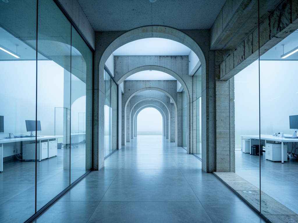 Spacious minimalist testing with divided walkway leading through