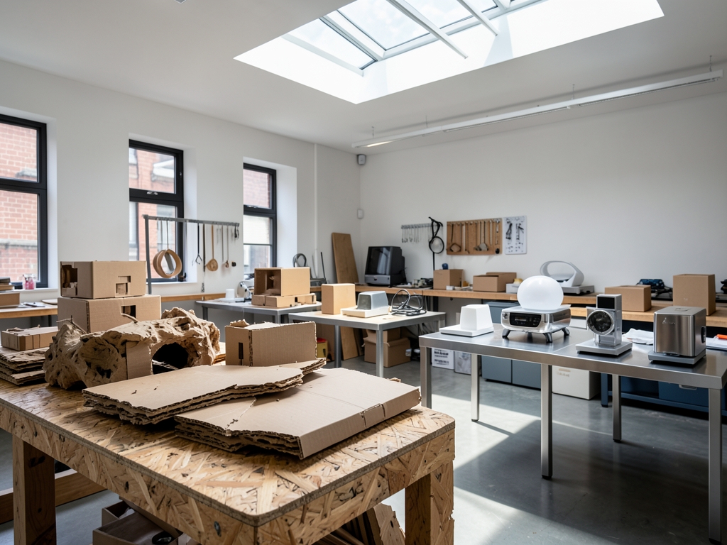 Modern design workshop interior with rough cardboard models
