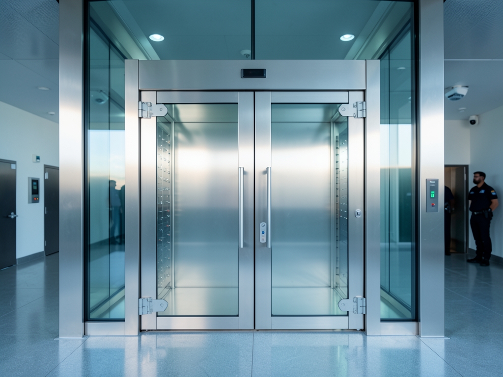 Sleek glass brushed steel architecture forming secure vault