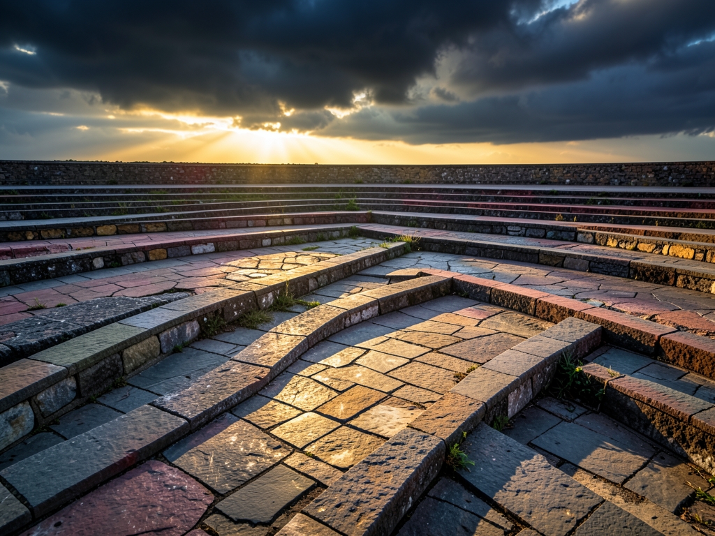 Abstract multi layered stone pathways converging toward distant horizon
