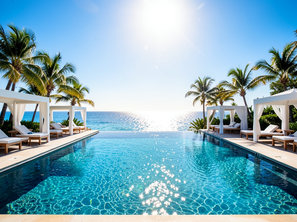 Sun drenched infinity pool overlooking Pacific Ocean with white