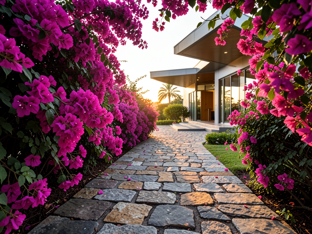 Rustic stone pathway winding through vibrant bougainvillea towards