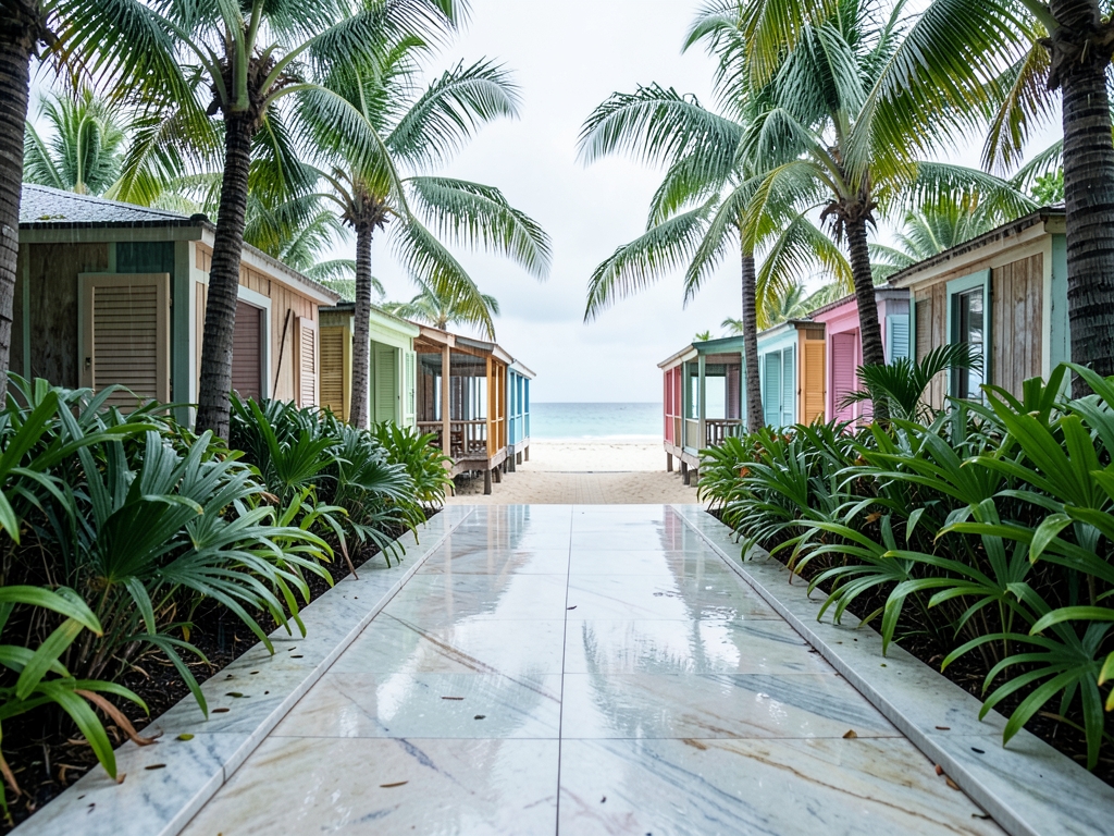 Rain washed marble passage between open air resort courtyards shuttered
