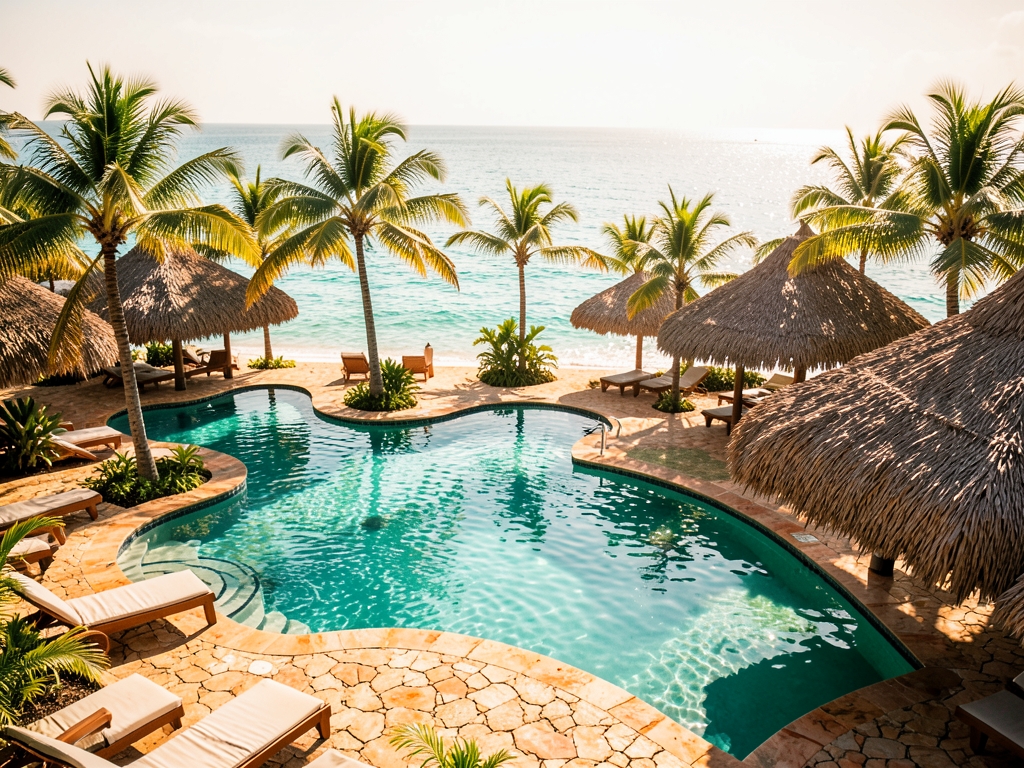 Punta Cana beachfront resort with palm lined pools coral stone