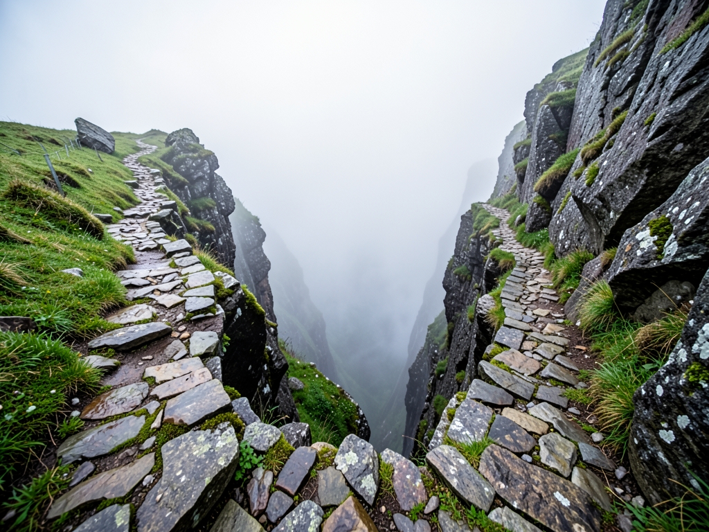 narrow stone pathway along sheer cliff edge above
