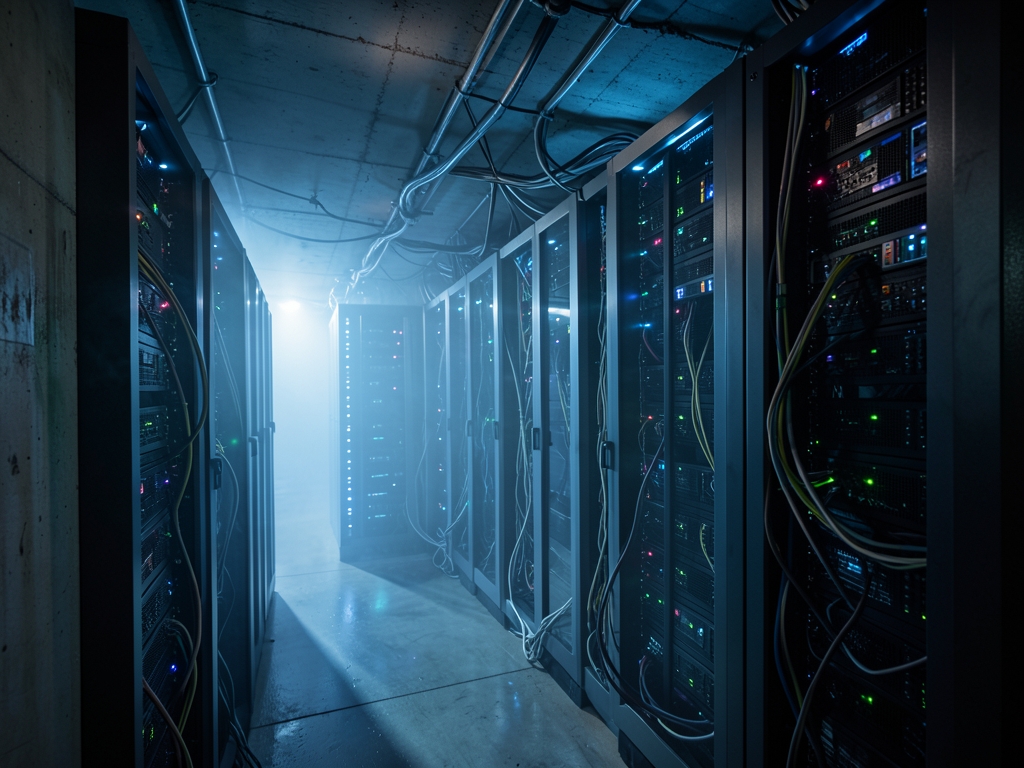 underground server chamber with rows softly glowing racks