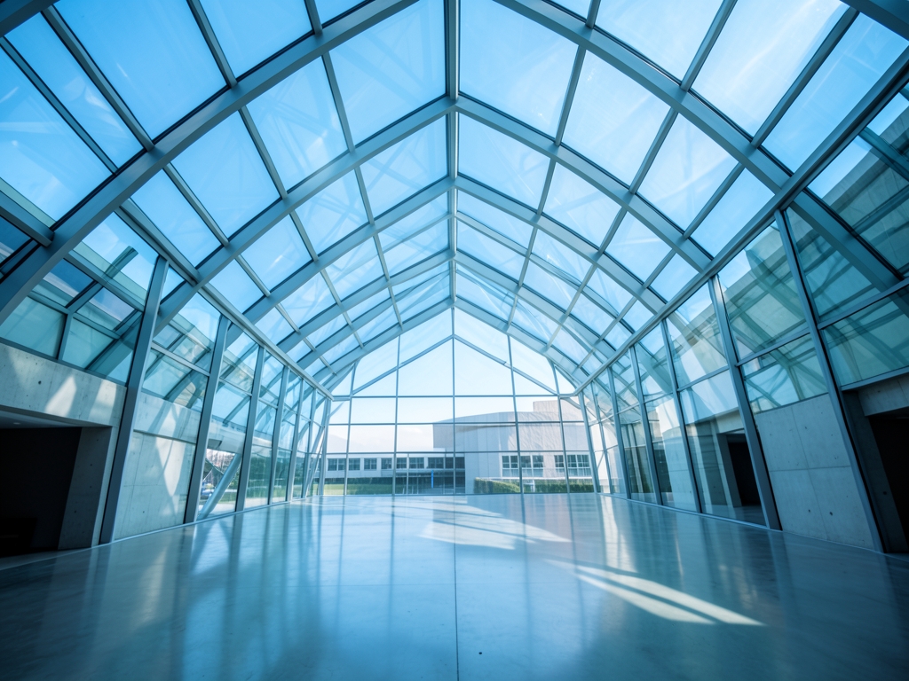vast minimalist glass atrium with converging light beams