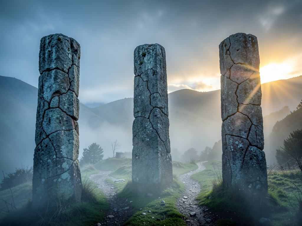 Three weathered stone pillars stand misty valley their