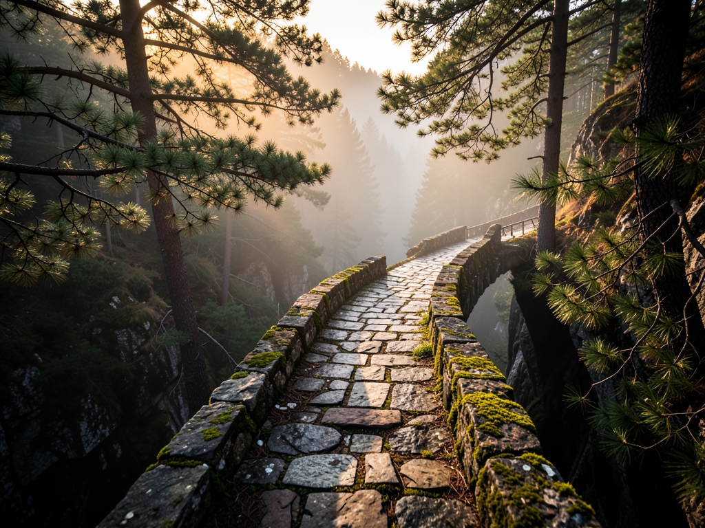 narrow stone footbridge spanning misty ravine dawn warm