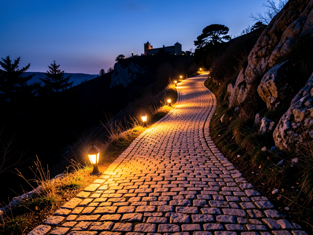Twilight landscape featuring winding path glowing cobblestones that