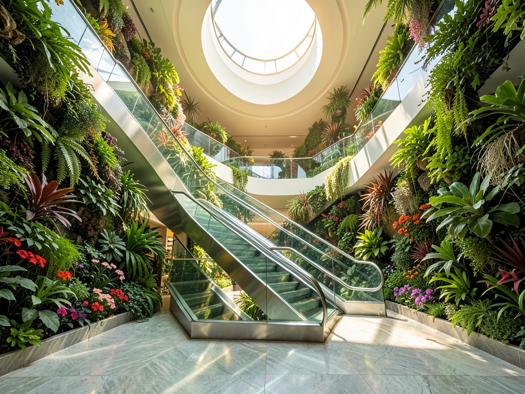 Sun drenched atrium with sweeping glass ramps ascending rapidly