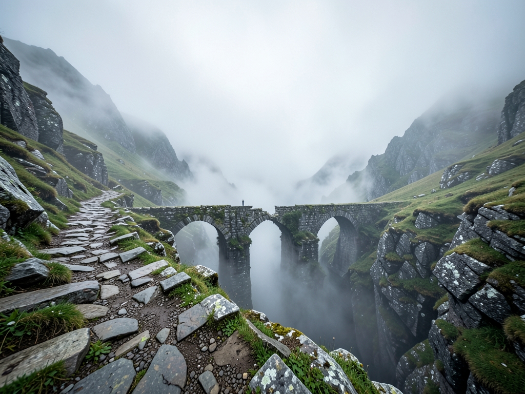 Prompt foggy mountain path with broken stone bridges