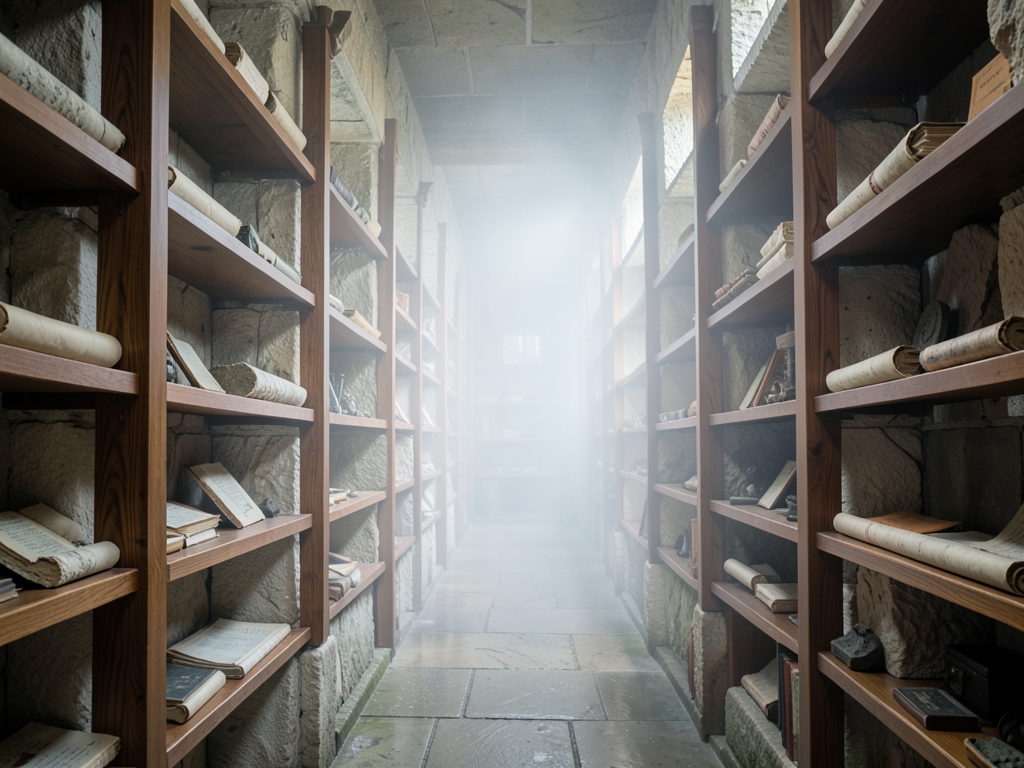 vast stone archive stretching into fog pale morning