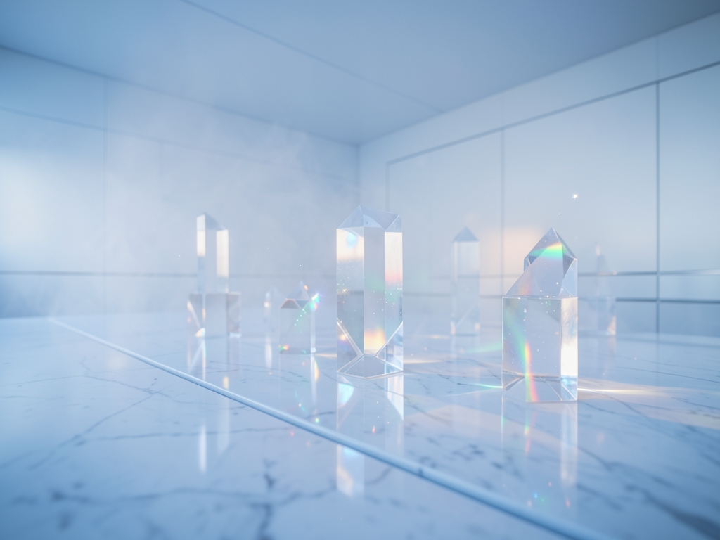 minimalist white laboratory dawn crystalline geometric structures catching