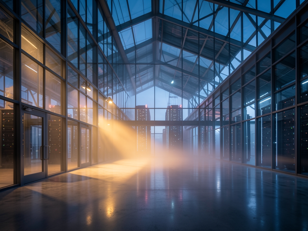 vast glass and steel archive twilight shafts amber light cutting
