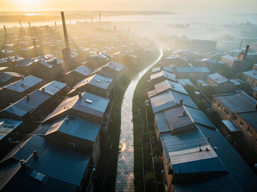 Aerial view vast fog covered industrial cityscape dawn where