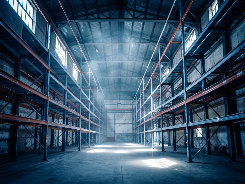 Line vast dimly industrial warehouse with towering steel