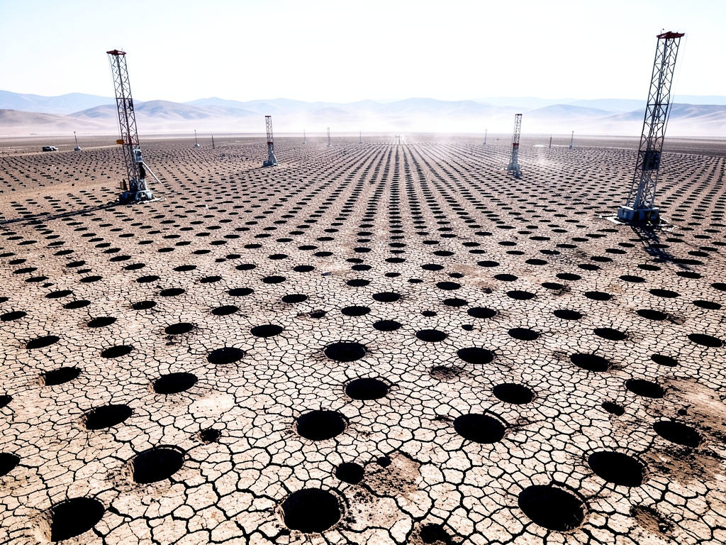 Vast arid plateau with dense grid boreholes sparse