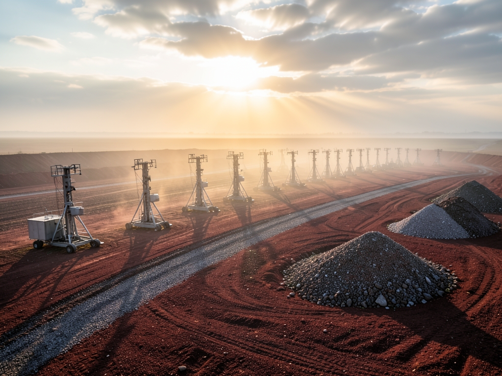 Misty open cut rare earth exploration field sunrise with