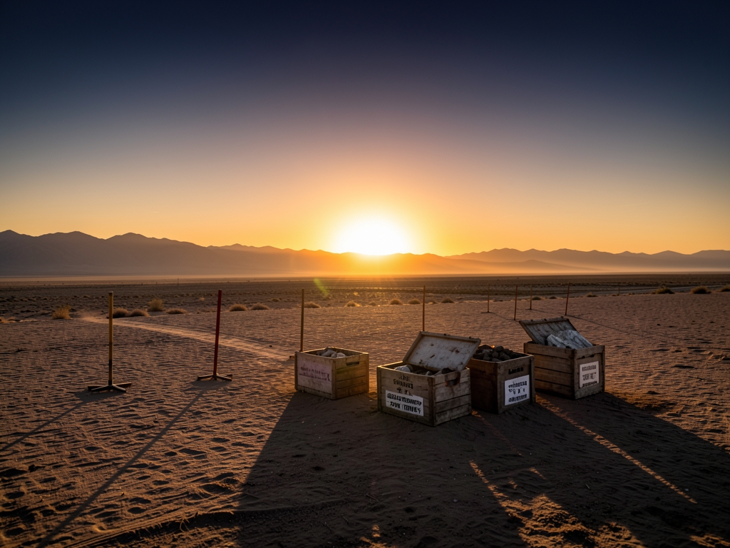 Vast desert basin golden hour survey stakes core