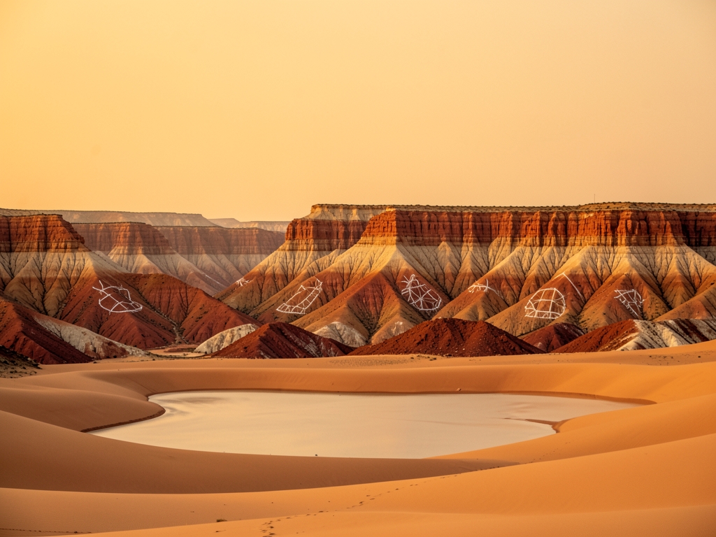 Remote desert badlands beneath hazy amber sky layered