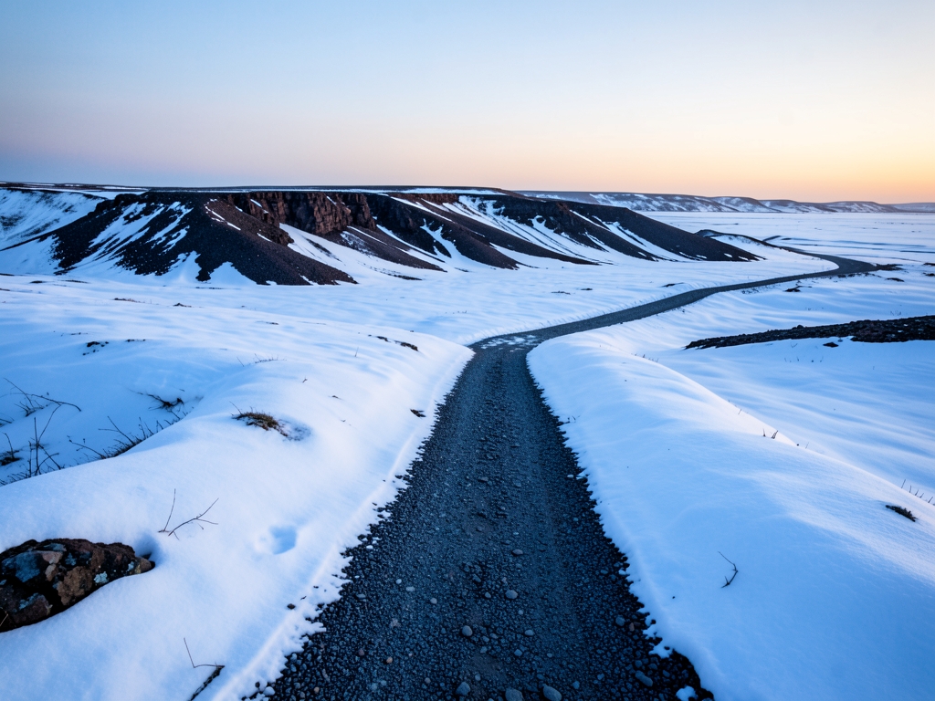 Arctic tundra cold dawn wind rippled snow around dark