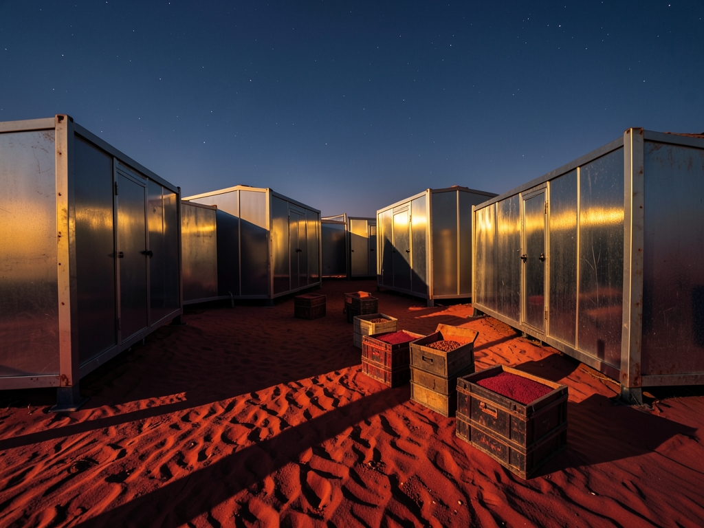 Remote desert exploration camp dusk modular metal shelters