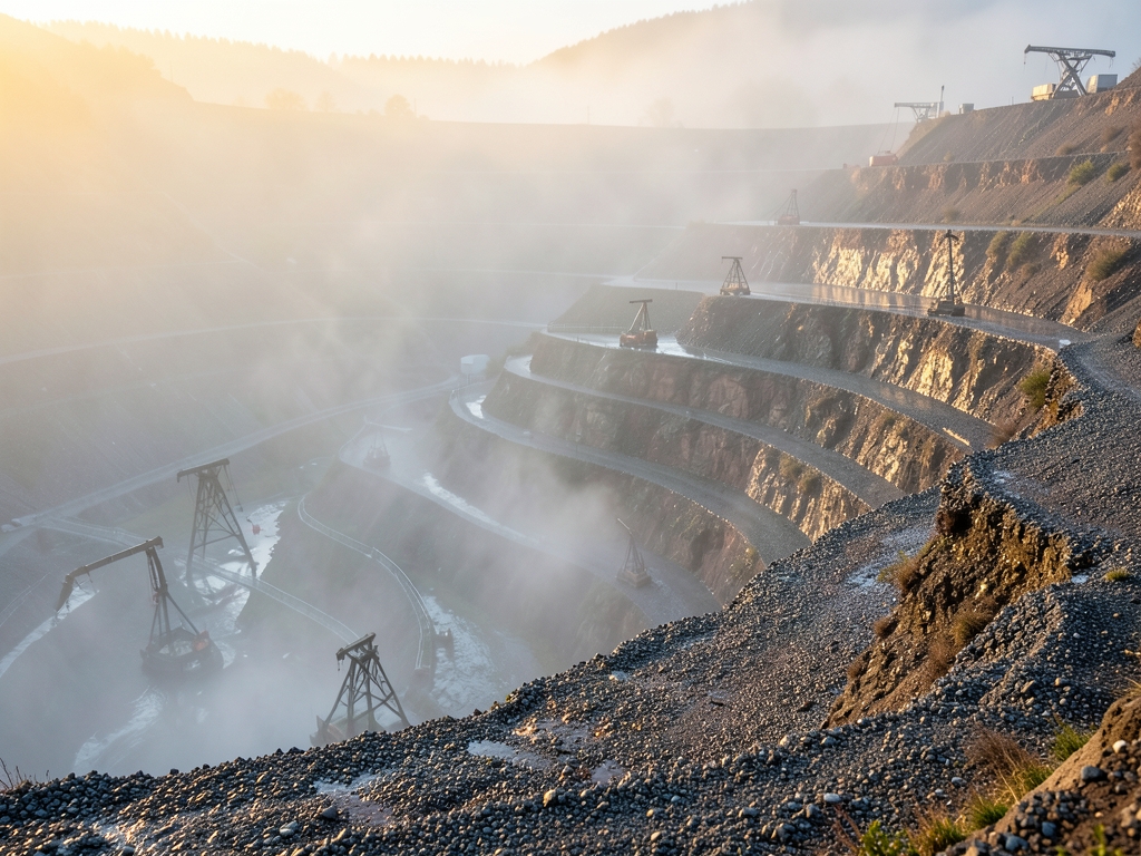 Misty terraced mountain quarry dawn gravel benches steel
