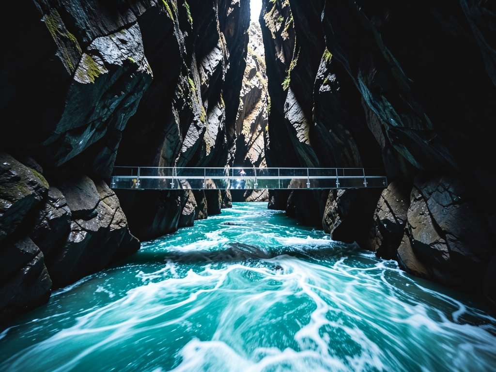 dark cavern where single mirrored steel plank bridges