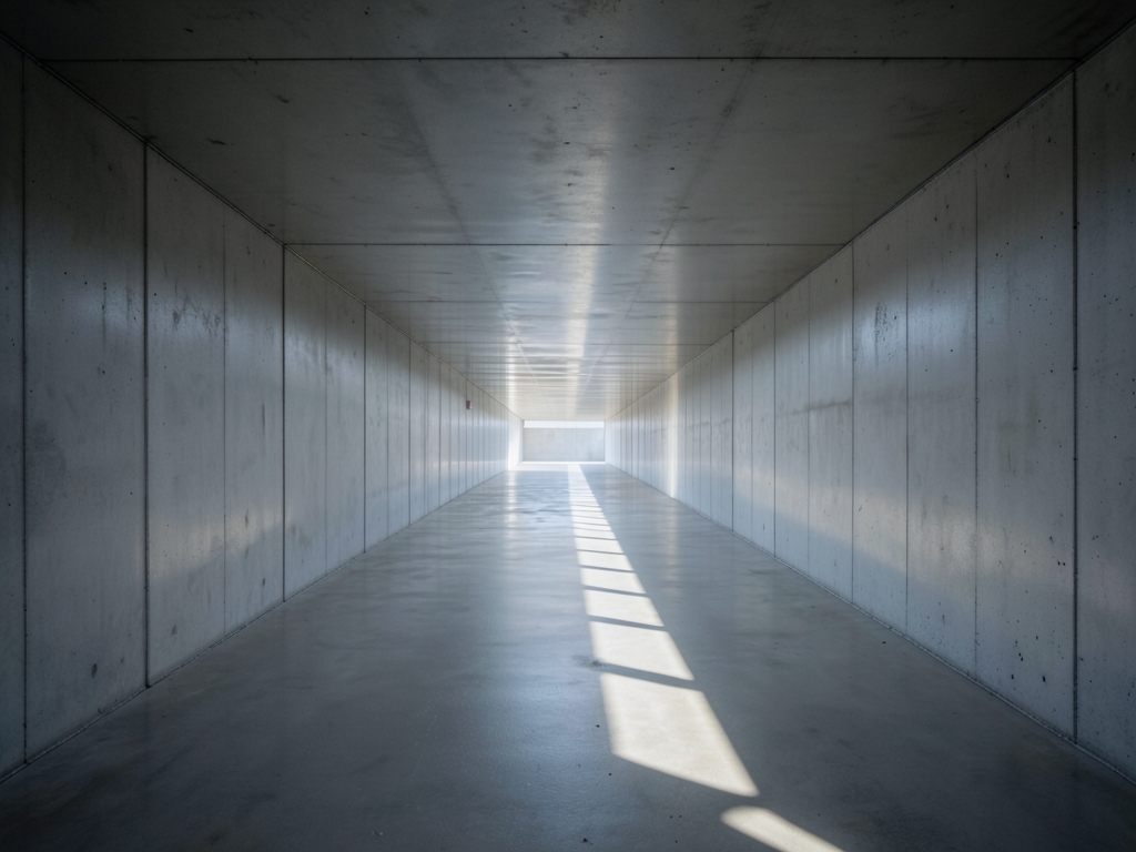 long empty concrete passageway under pale overcast sky