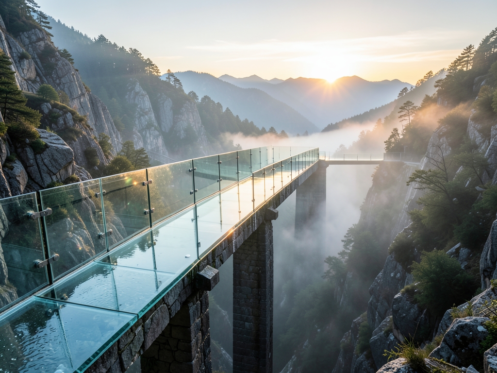 narrow glass bridge suspended over misty ravine dawn