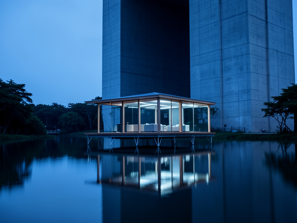 slender glass and timber pavilion thin stilts floating over still