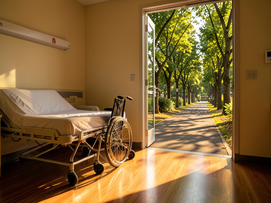 Open hospital room door revealing tree lined pathway outside