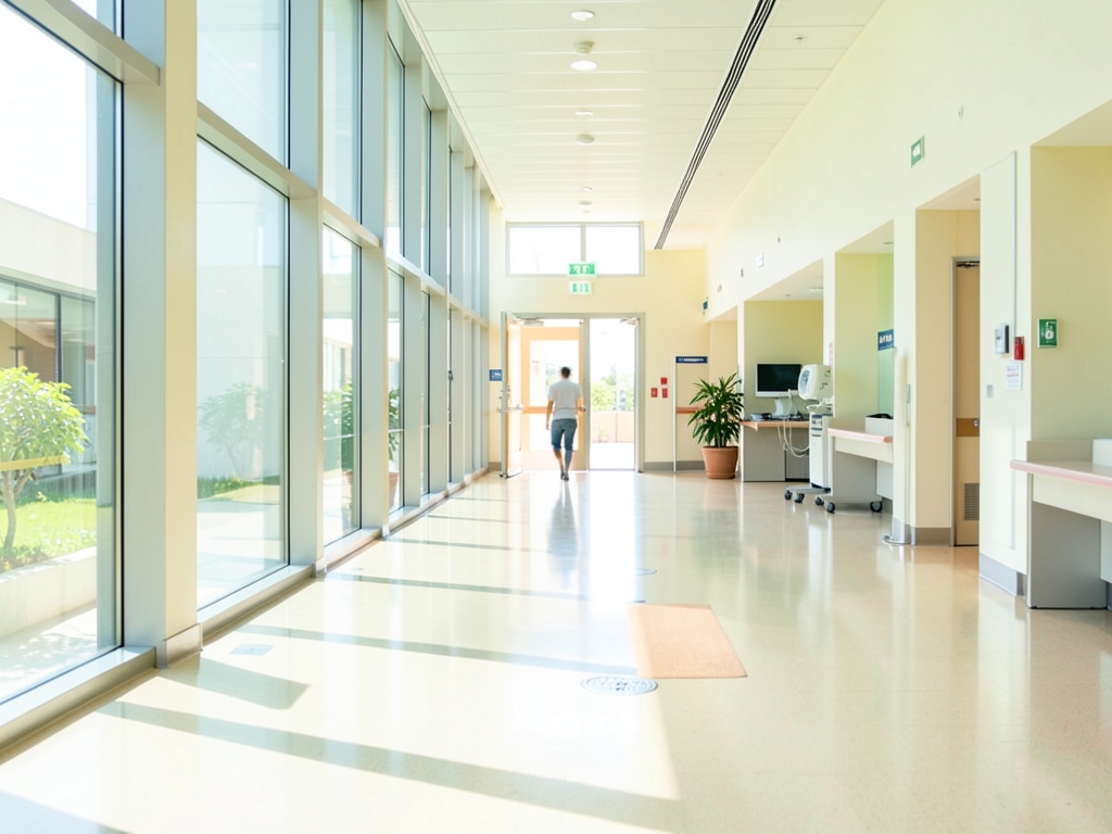 Sunlit modern hospital corridor with tall glass windows