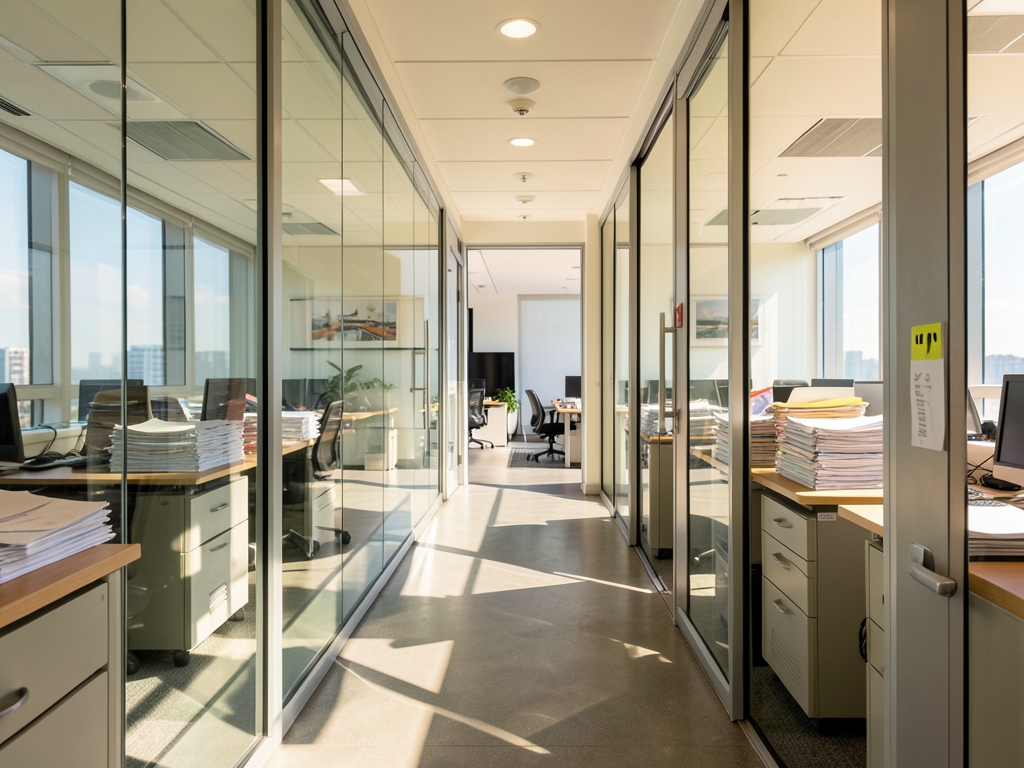 Short sunlit office corridor with glass walls neat