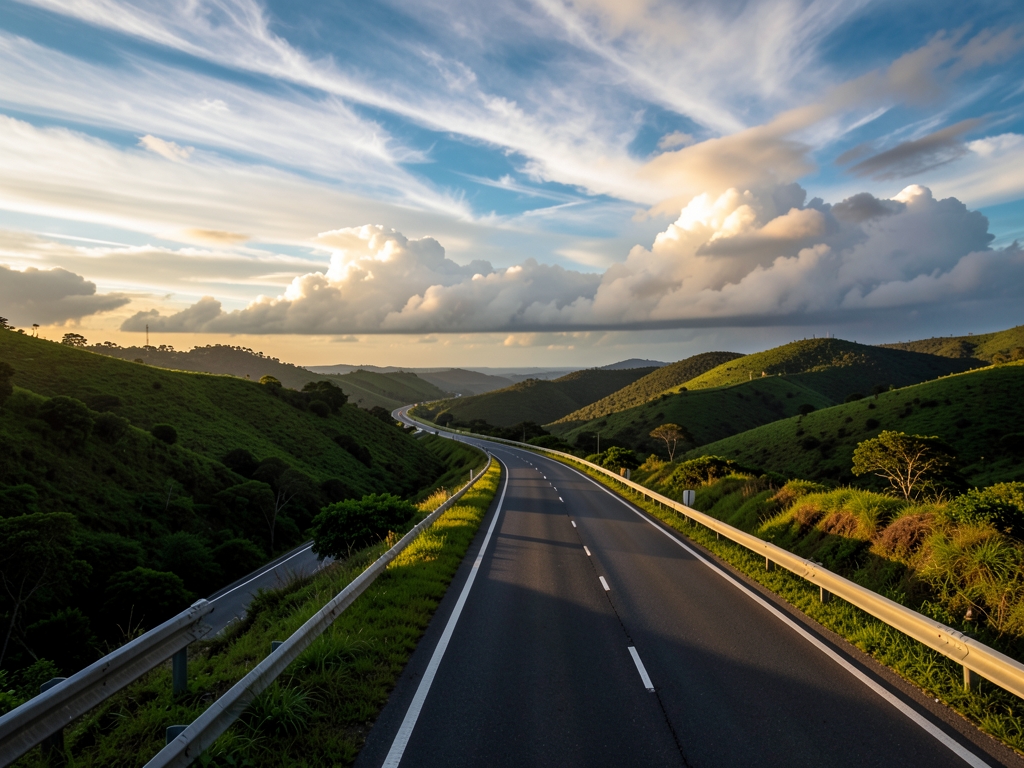 Wide rolling highway through green hills golden hour