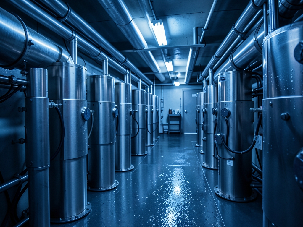 Dusk lit mechanical room featuring rows cylindrical submeter housings
