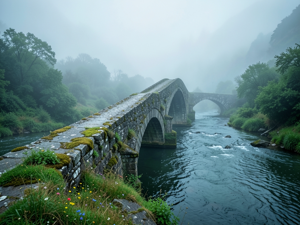 receding stone bridge over winding river under heavy