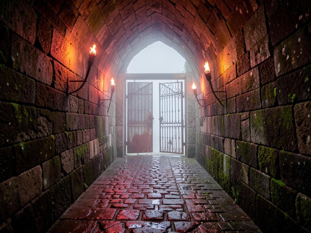 narrow stone corridor under overcast skies heavy iron