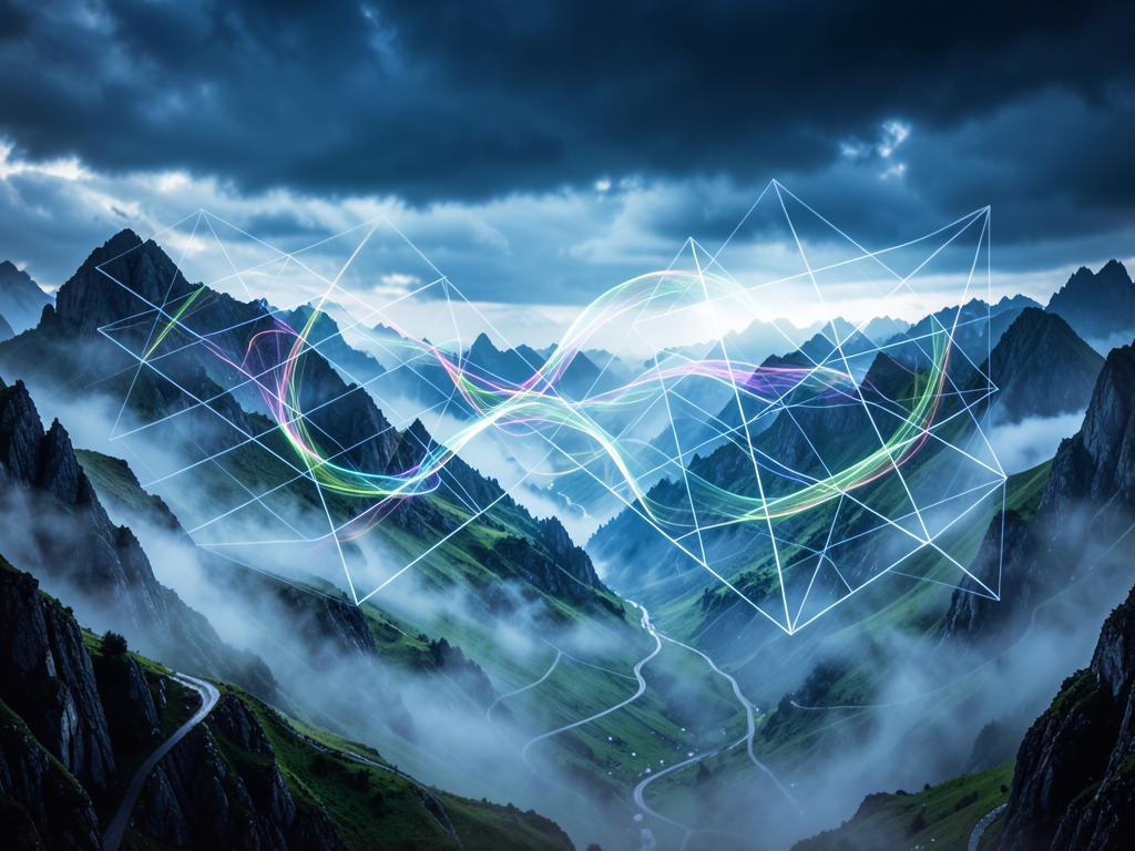 misty rugged terrain under stormy where translucent geometric