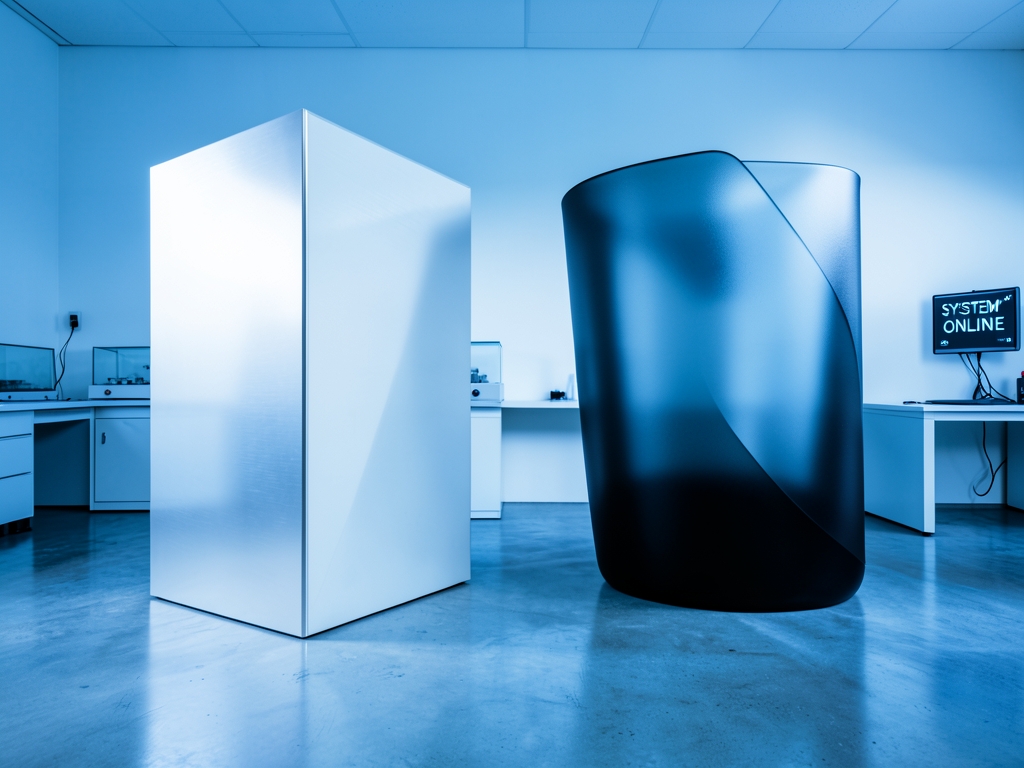 stark minimalist laboratory interior bathed cool blue light