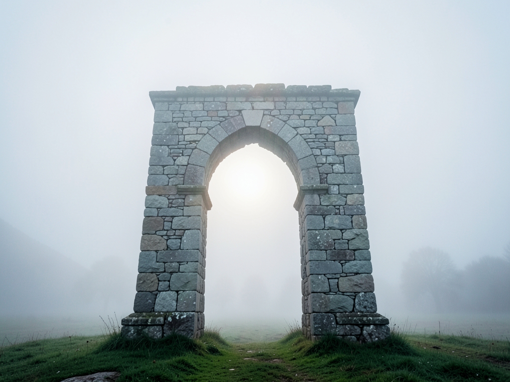 Line narrow stone archway standing dense foggy
