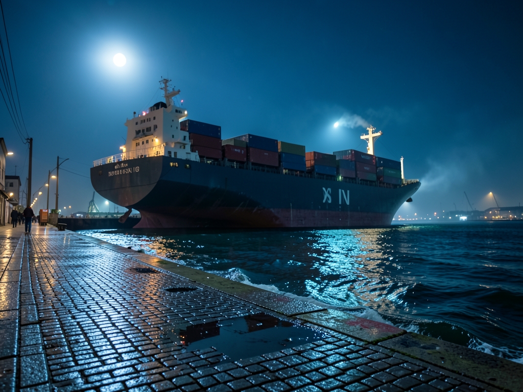 Moonlit harbor with cargo ship leaving dock cobblestones