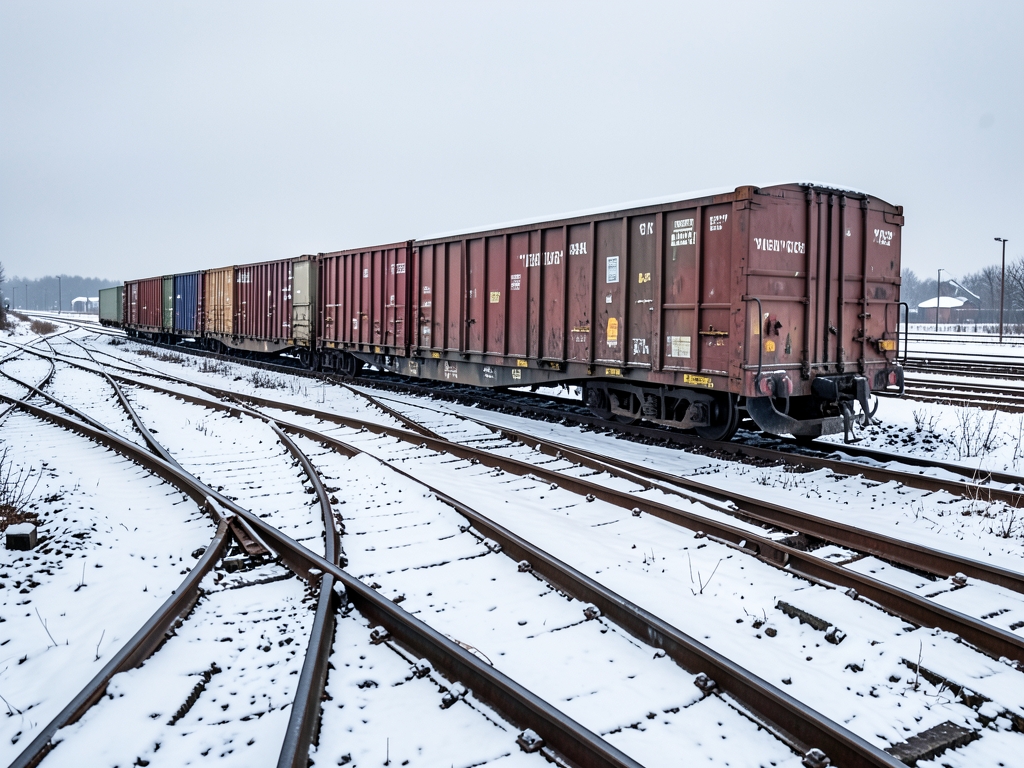 Snow covered railway junction with branching iron tracks stalled