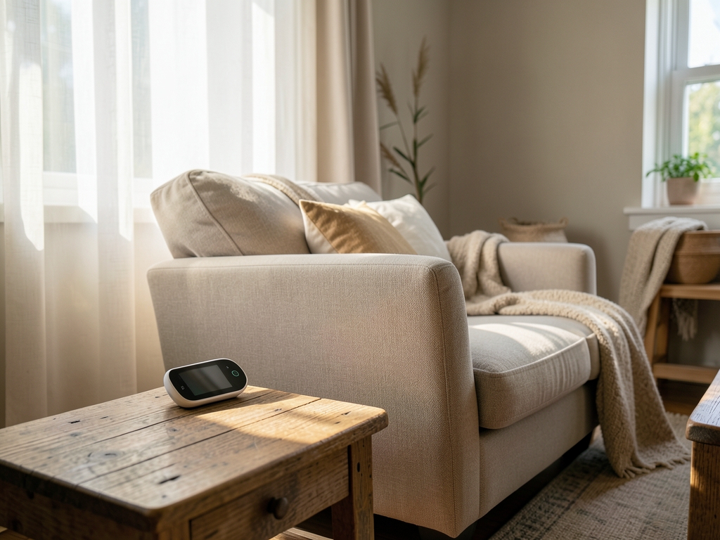 Sunlit cozy living room with small health monitor