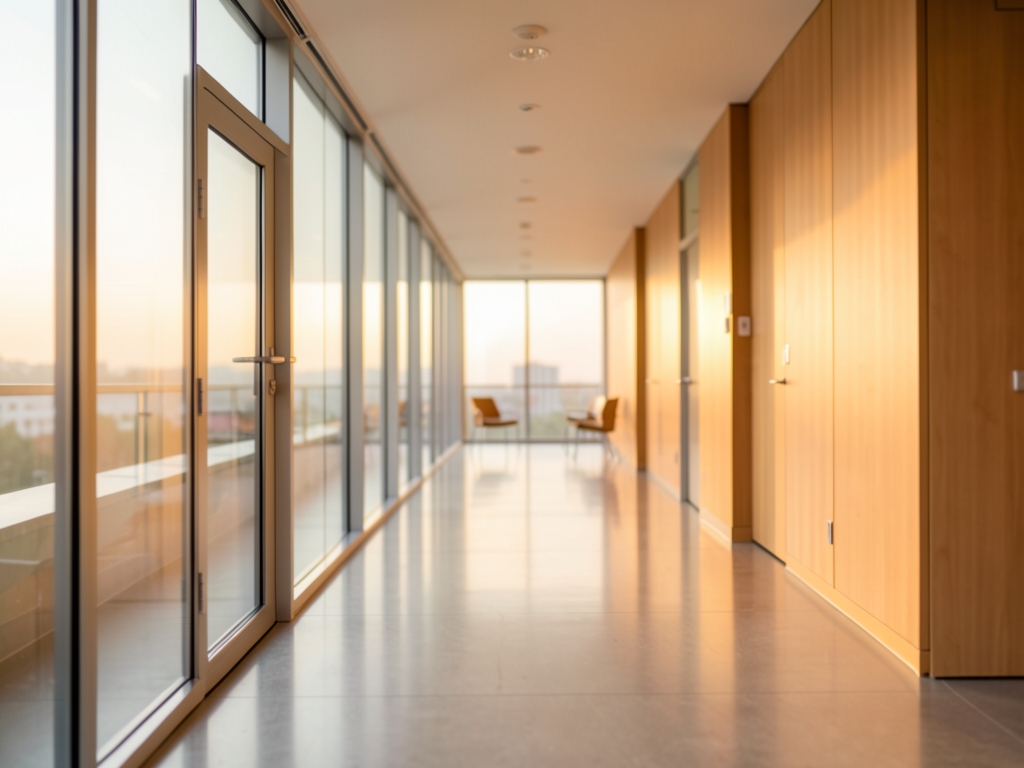Quiet modern clinic corridor dawn with glass walls