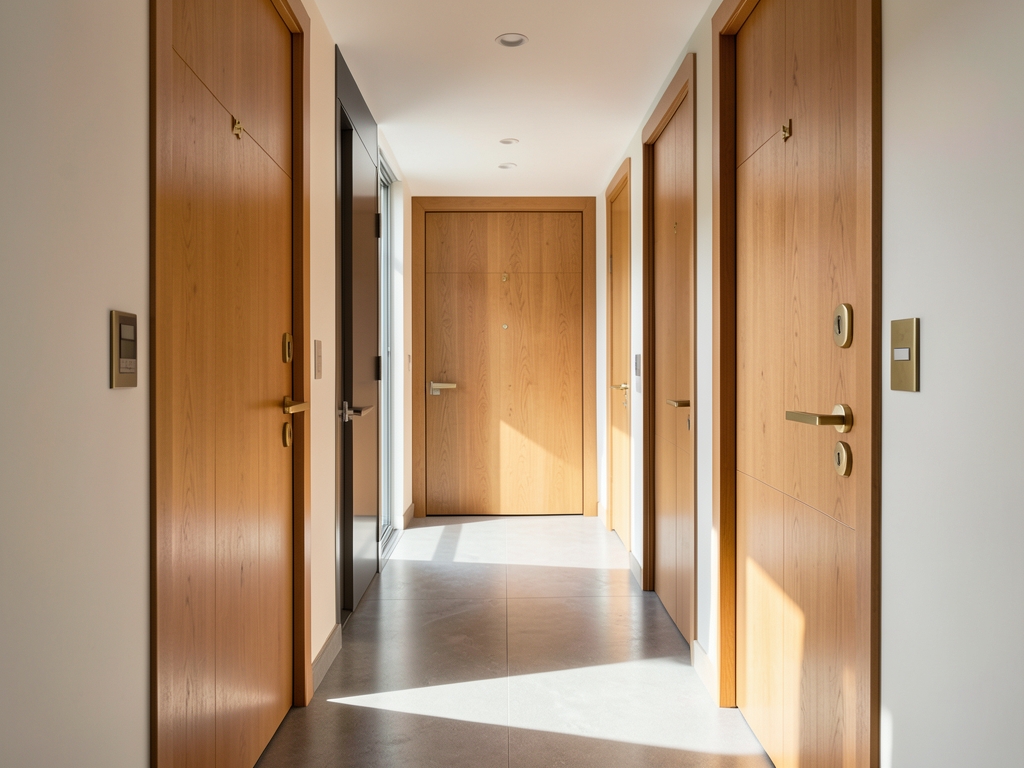 Sunlit modern apartment hallway with warm wood doors