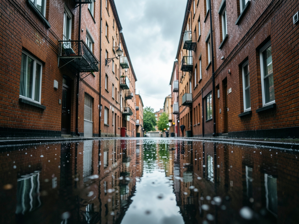 Rainy city street outside brick apartment building with