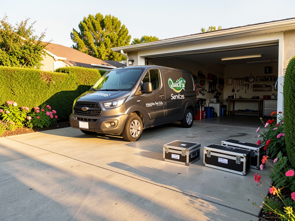 Bright suburban driveway with service near open garage