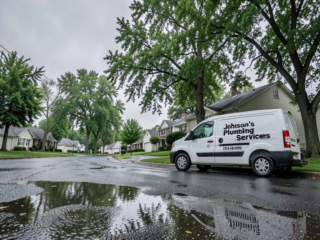 Overcast suburban street with white service parked beside